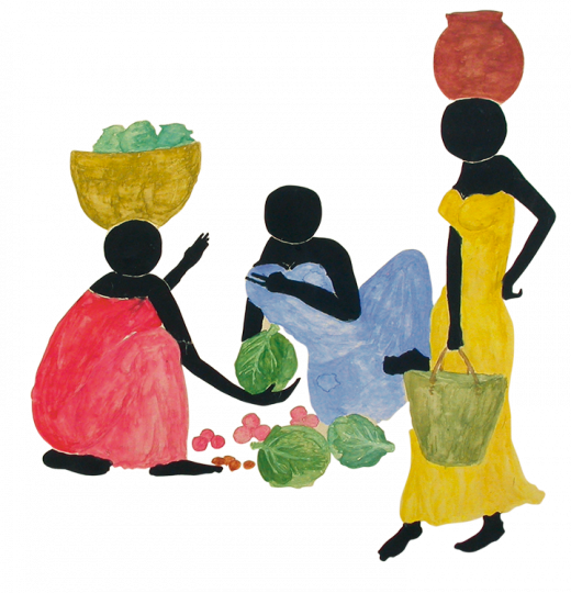 disegno di donne con cesti di frutta e insalata su sfondo bianco